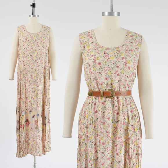 Vintage Cream Floral and Fruit Print Sleeveless Boho Maxi Dress M L - Picture 1 of 8